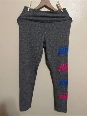 Zumba Fitness High Rise Gray Leggings with Blue and Pink Logo Accents